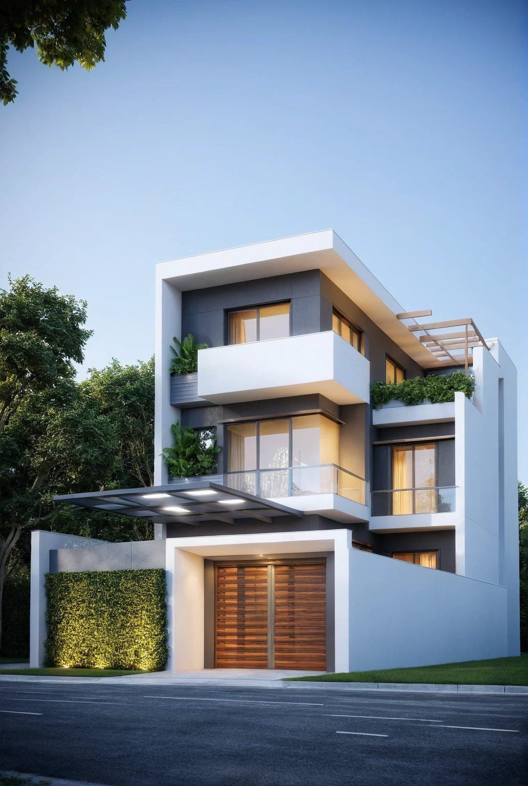 (modern villa facade design), (modern villa design exterior), (white wall), (light illuminates the designer's facade), (dawn sun light environment:1.2), (night light design exterior), (style architectural visualization), xingfa window, vehicles, pedestrians, busy streets, (Neutral lighting is suitable for the modern villa, light color thermometer lighting), (architectural design visualization), (reflection), (focus on object), (material normal bump real reflection), (scattered light), (light ray), (multi-beam light), (sunbeam) (multi-level reflection), (chao vantage software visualization render),(((Best Quality))), ((Masterpiece)), ((best illustration)), ((best shadows)), ((Super Detail)), (Intricate lines), (Photorealism),(hyper detail), ((archdaily)), ((award winning design)), (dynamic light), ((day)), spotlight, (perfect light), (shimering light), ((photorealistic)), ((intricate detail)), ((extreme detail)), ((crazy detail)), ((octane render)), ((trending on artstation)), ((High-fidelity)), ((Viwvid)), ((Crisp)), ((Bright)), ((Stunning)), ((Eye-catching)), ((High-quality)),((Sharp))((Bright)), ((Stunning)), ((natural sun environment)), ((Eye-catching)), ((Illuminating)), ((Flawless)), ((High-quality)),((Sharp edge render)), ((medium soft lighting)), ((photographic render)), ((detailed archviz)), ((reality environment)), (modern townhouse design architectural design facade), (modern townhouse facade roof design), (modern townhouse facade wall design), (modern townhouse facade decoration material design) (townhouse facade door and window design modern), (environmental lighting design), (modern townhouse facade lighting design), (modern townhouse front gate and fence design), (tree decoration design for townhouse facade), (Design lights for gate posts and fences), (townhouse facade railing design), (level of photo realism, depends on lighting, materials, composition, Real-Time Rendering, based on chao vantage timage rendering graphics software