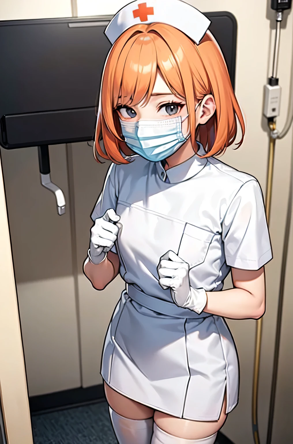 1boy, solo, male focus, nurse, white nurse cap, white nurse uniform, ((white legwear, zettai ryouiki)), white gloves, short hair, orange hair, ((white surgical mask, covered nose)), standing, ((hospital room)), sharp outline, short sleeves, shota, ************, best quality, masterpiece