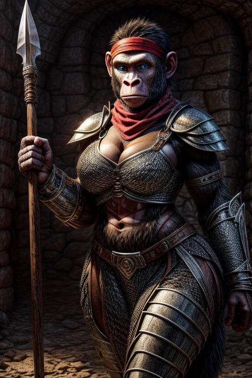 attractive ape woman, chimpanzee warrior, chainmail armor, midriff, huge hips, cleavage, scarf, headband, blue eyes, spear, scars, dungeon