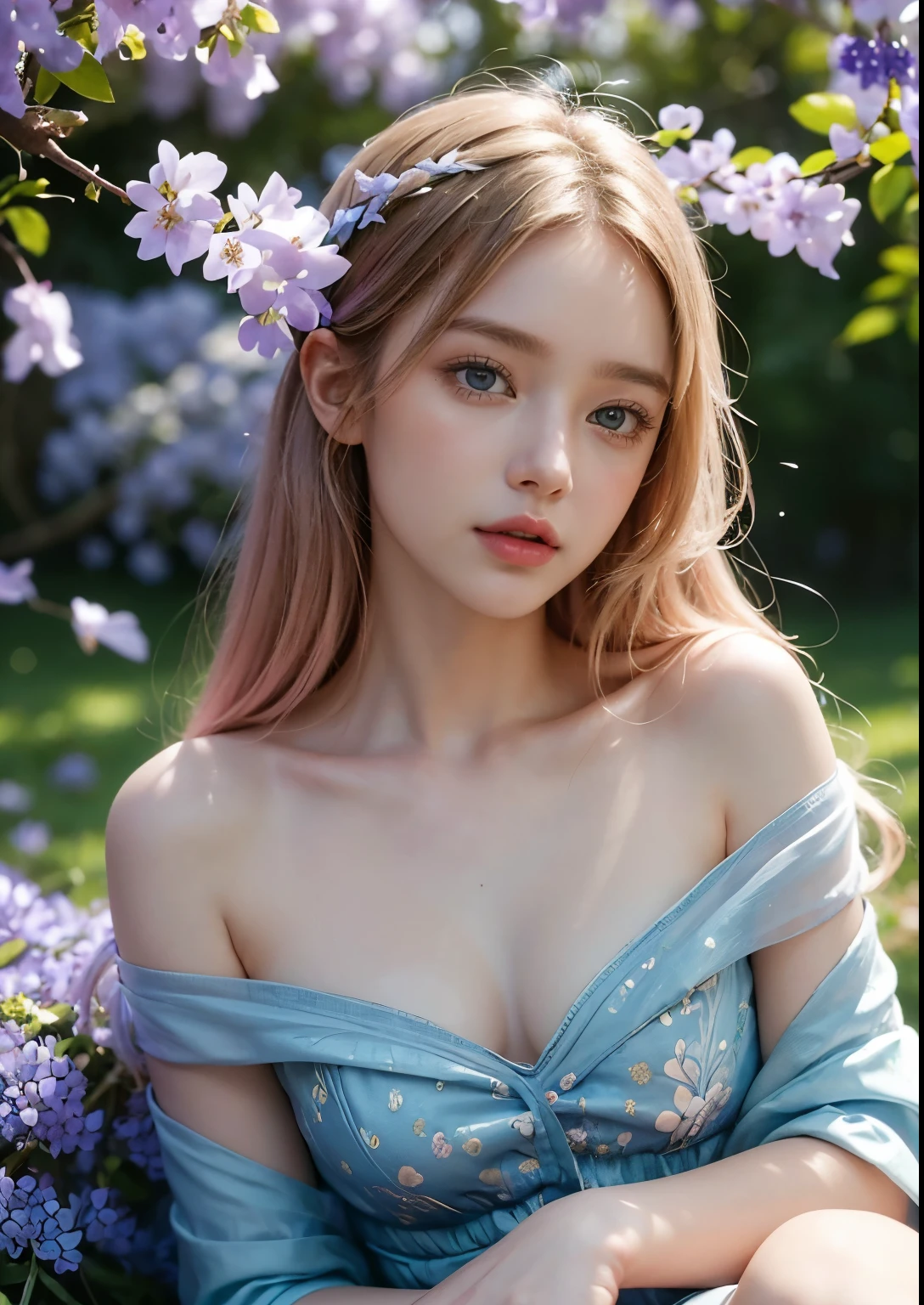 a beautiful young girl sitting in a blue jacaranda tree, detailed facial features, striking blue eyes, delicate pink lips, flowing golden hair, ethereal aura, serene expression, dappled sunlight filtering through the blue blossoms, lush green foliage, dreamy, whimsical, fantasy-like, digital art, highly detailed, cinematic lighting, vibrant colors, photorealistic, 8k