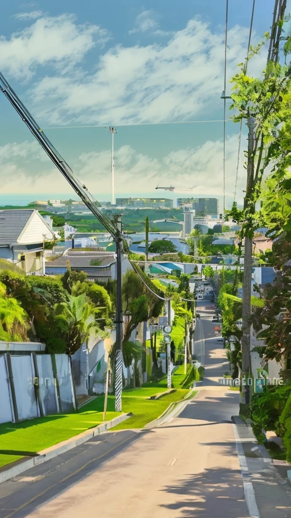 Slope Scenery、Highland scenery、Overlooking the cityscape and the ocean in the distance、There are hedges on both sides of the slope.、Sunny day scenery、View from the top of the hill