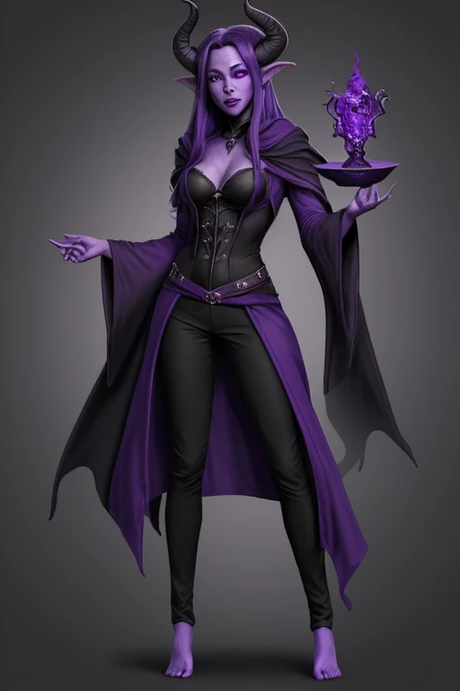 Female tiefling sorceror purple skin, full body, black pants, robe