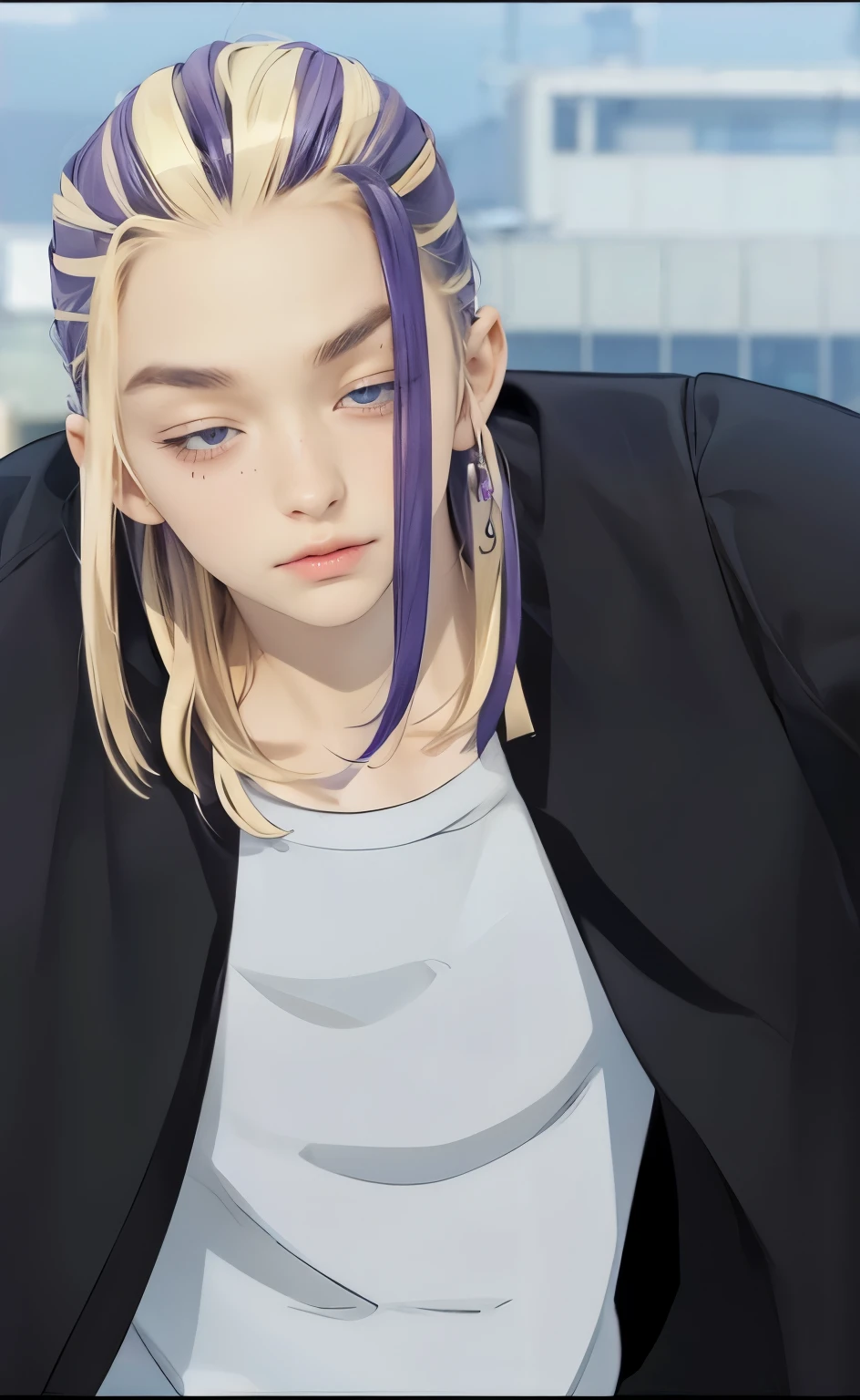 1men , 1men, purple eyes , blonde and purple hair, tied hair, androgynous male, long face, droopy eyes, sleepy eyes, solo focus, realistic, dynamic pose realistic, detailed and correct facial structure, handsome, attractive, cinematic lighting, intricate details, masterpiece, best quality, by Irakli Nadar, Greg Rutkowski，(((best quality))),(((ultra detailed))),(((masterpiece)))