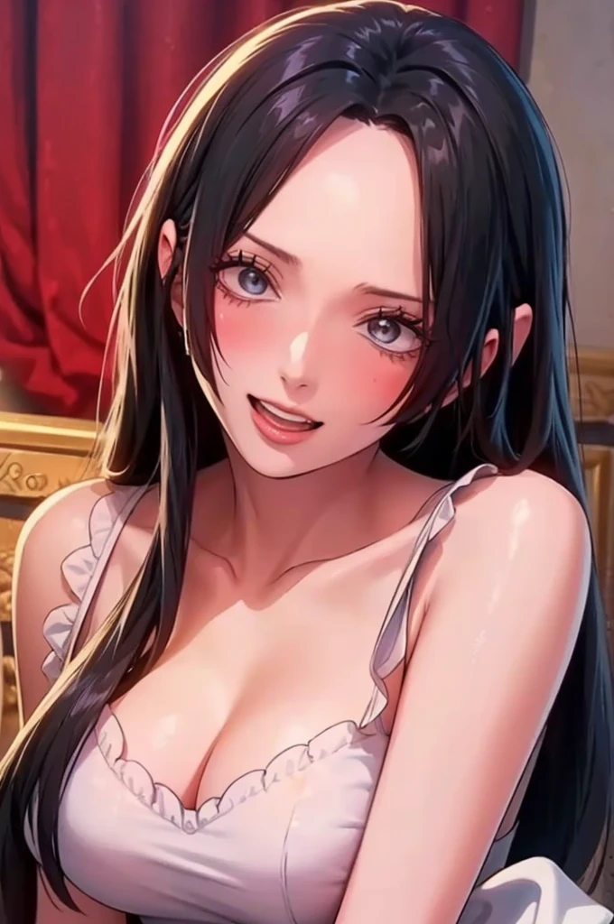 best quality, masterpiece, highly detailed,1girl, Boa Hancock, , (masterpiece:1.5), Detailed Photo, Smiling, Sexy, (8K, Best Quality: 1.4), (1girl), Beautiful Face, (anime realistic Face), (Black Hair, long Hair: 1.3), Beautiful Hairstyle, Realistic eyes, beautiful detail eyes, (white skin), beautiful skin, absurd, attractive, ultra high resolution, ultra realistic, high definition, golden ratio, (sexually aroused:1.5), Pinkish white skin, cool white light, sexy pose, Beautiful , white background, pink soft white light, Wear a black bodycon dress