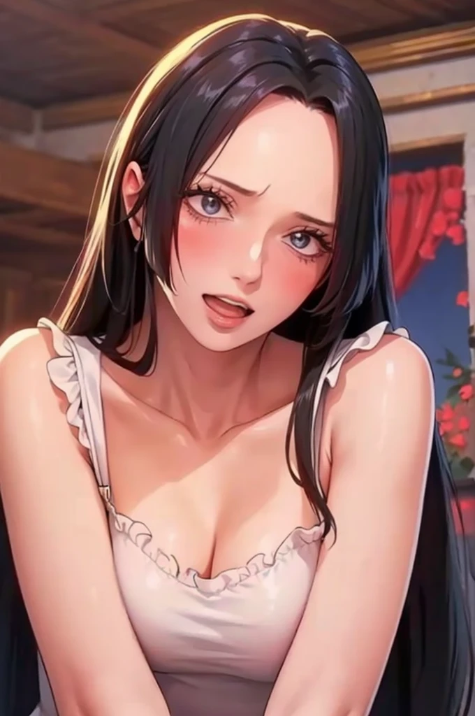 best quality, masterpiece, highly detailed,1girl, Boa Hancock, , (masterpiece:1.5), Detailed Photo, Smiling, Sexy, (8K, Best Quality: 1.4), (1girl), Beautiful Face, (anime realistic Face), (Black Hair, long Hair: 1.3), Beautiful Hairstyle, Realistic eyes, beautiful detail eyes, (white skin), beautiful skin, absurd, attractive, ultra high resolution, ultra realistic, high definition, golden ratio, (sexually aroused:1.5), Pinkish white skin, cool white light, sexy pose, Beautiful , white background, pink soft white light, Wear a black bodycon dress