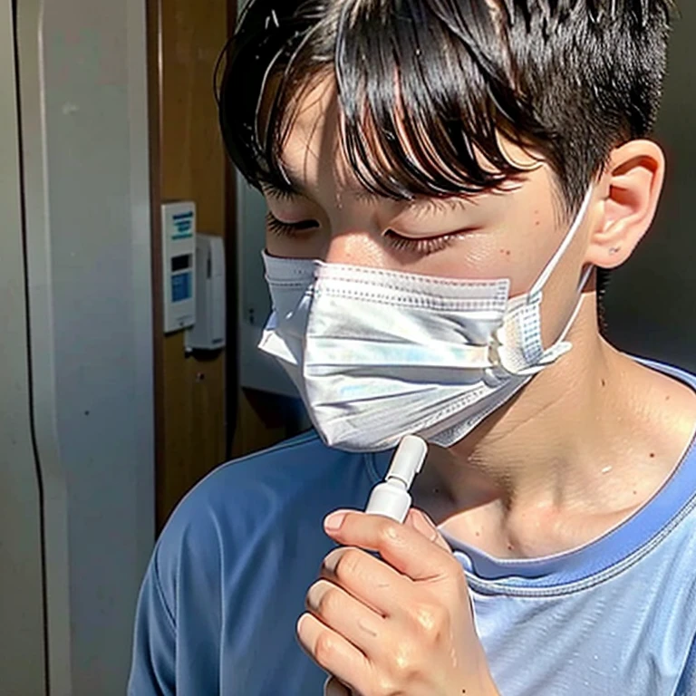 good looking１０A boy of about 18 years old is suffering from an infectious disease.、Appearance of suffering. He is wearing a white mask. He has a high fever. he is sleeping. He has a cough. He is exhausted. He is taking his temperature with a thermometer. He is dying. He is cooling his forehead with a cooling gel sheet..