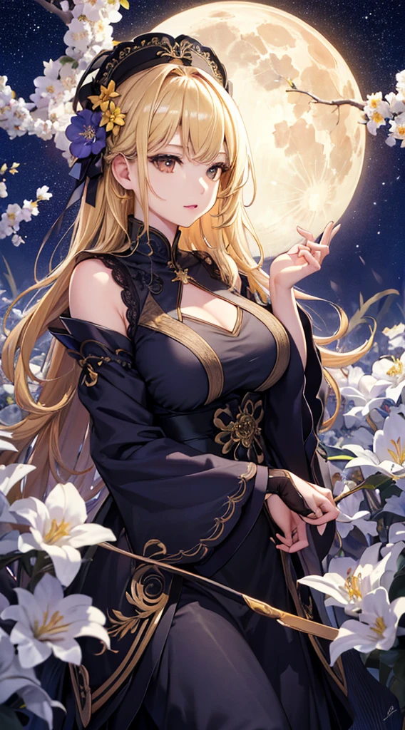 masterpiece, high quality, 4K, Beautiful design, silhouette，blonde， 非常に詳細な夜のStarry Sky,Flower Field， wonderful, Finer details,  Very knowledgeable woman, Highly detailed solo, 1 female,Big Breasts， dress，Night view，Starry Sky，full moon，