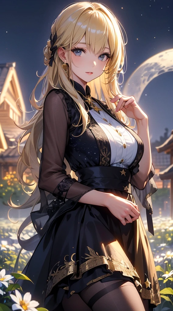 masterpiece, high quality, 4K, Beautiful design, silhouette,blonde, 非常に詳細な夜のStarry Sky,Flower Field, wonderful, Finer details, Very knowledgeable woman, Highly detailed solo, 1 female,Big Breasts, dress,Night view,Starry Sky,full moon,