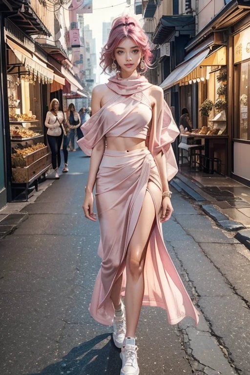 highest quality, Very detailed, masterpiece, Two women,(((Perfect female body))),Very beautiful face, Very beautiful body,Gentle expression, Very beautiful eyes,(Perfect Makeup:1.1),Pop fashion model,Cyberpunk Fashion,Curly Hair,Shaggy Hair,pink and blue hair:1.3, very thin body,Smart Abs,Monogram pattern,Gradation,Fractal Art Vinyl Suit,Two-tone high-top sneakers,A kind smile,Full body portrait,(Future city background), (Shiny skin),(Earrings),Seesul,Long scarf with elegant pattern,Extra long shawl,Haori,