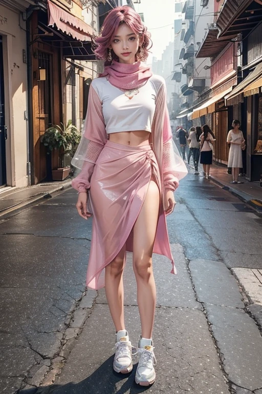 highest quality, Very detailed, masterpiece, Two women,(((Perfect female body))),Very beautiful face, Very beautiful body,Gentle expression, Very beautiful eyes,(Perfect Makeup:1.1),Pop fashion model,Cyberpunk Fashion,Curly Hair,Shaggy Hair,pink and blue hair:1.3, very thin body,Smart Abs,Monogram pattern,Gradation,Fractal Art Vinyl Suit,Two-tone high-top sneakers,A kind smile,Full body portrait,(Future city background), (Shiny skin),(Earrings),Seesul,Long scarf with elegant pattern,Extra long shawl,Haori,