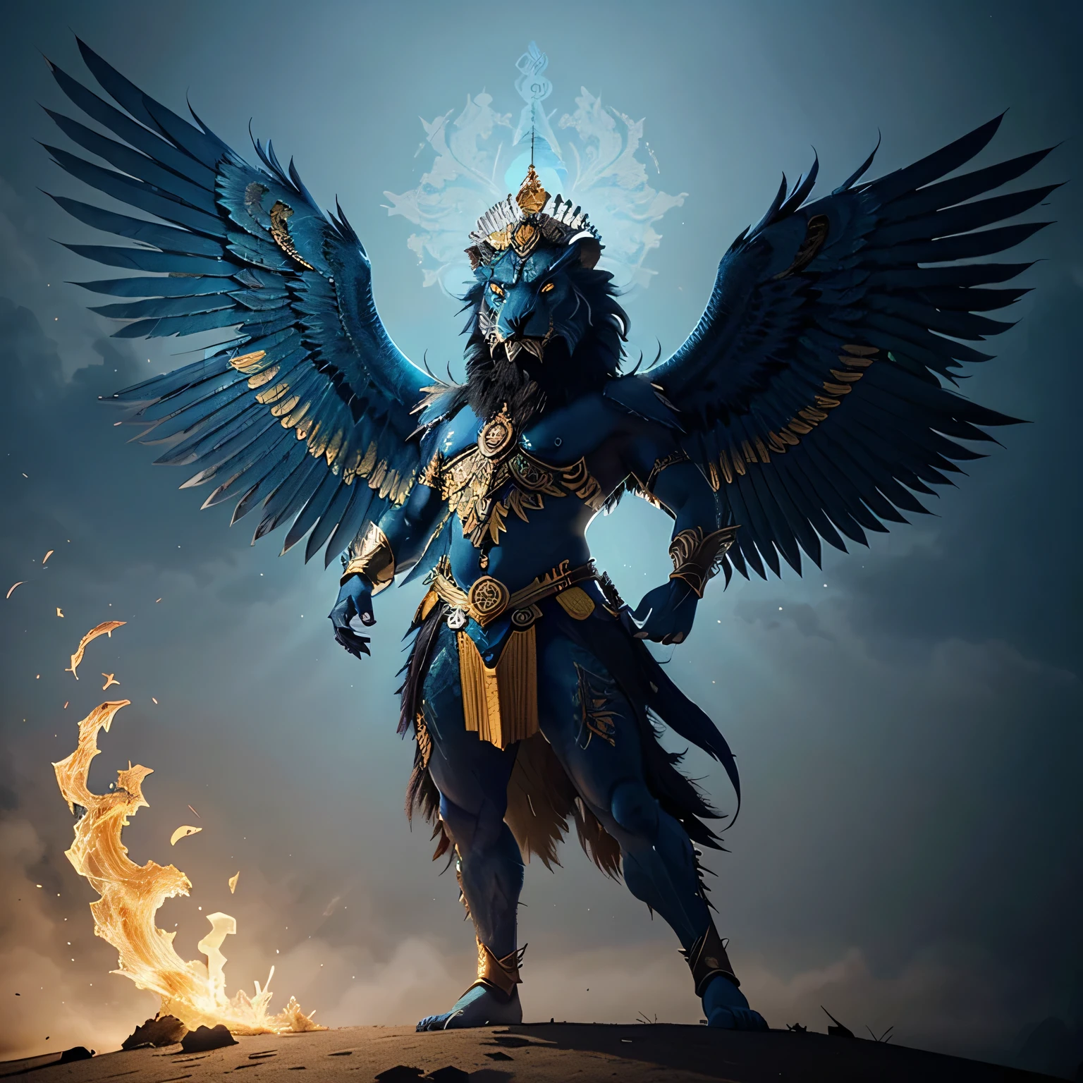 A blue Garuda, a mythical creature with the head and wings of an eagle and the body of a lion, is standing on a cloud. The Garuda is wearing a golden crown and has a fierce expression on its face. It is surrounded by a glowing aura. The image is in the style of a traditional Balinese painting.