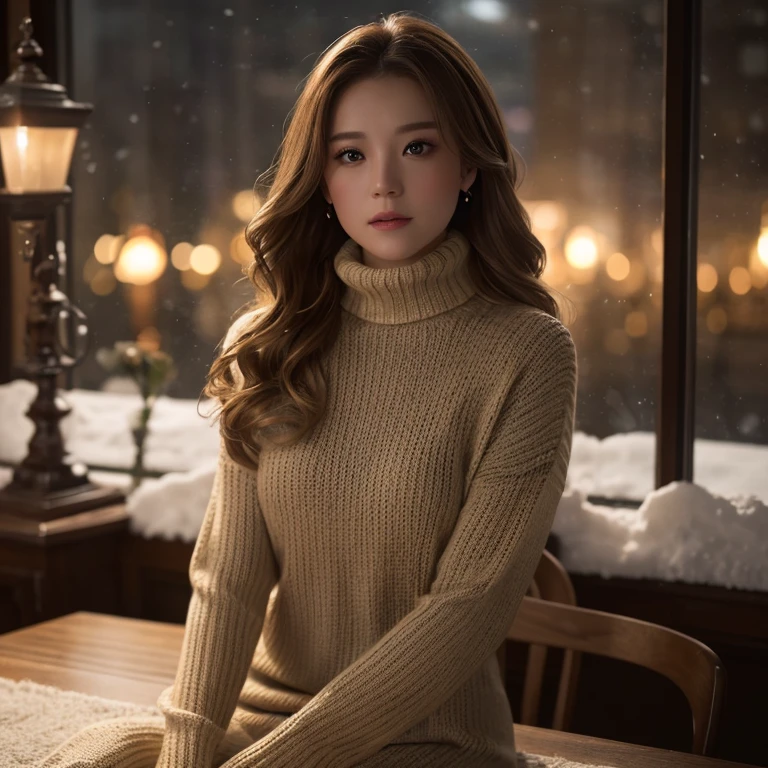 (Tabletop、highest quality、8k、Award-winning works、Ultra-high resolution)、One beautiful woman、(Turtleneck long knit sweater dress:1.1)、Exactly、Brown Hair、blonde、Very long wavy hair、Spectacular Cinema Lighting、(Romantic love mood:1.1)、(The most romantic and moody atmosphere:1.1)、winter、Snow Scene、that'it's snowing、Snow-covered city in Norway、look at me、(Huge  are'It will explode:1.1)、(Most of them emphasize the body line.:1.1)、Very long hair、Blurred Background、Accurate anatomy、Ultra HD Hair、Ultra-high resolutionの完璧な美しい歯、Ultra-high definition beauty face、Ultra HD Hair、Ultra-high definition sparkling eyes、輝くUltra-high resolutionの美肌、Ultra-high resolutionの艶やかな唇、Face close-up