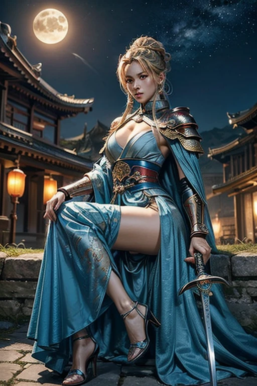 A female warrior wearing a blue cloak and metallic red armor:1.1、1 girl、Sengoku Warlords、Yang Duanhe、battlefield、In combat、Blonde updo、Three red dots on the forehead、((Holds two long swords))、Two sheaths on the waist、Confident face、Looking from above、very beautiful、A beautiful woman、Highly detailed costume、8K,highest quality, masterpiece、Ultra-high resolution、Portrait, Official Art、Beautiful woman with perfect body、(Full body image), Glowing Skin、((Glossy lips、Highly detailed face and skin texture、Detailed Eyes、double eyelid))、Sharp long legs、Ancient Chinese city wall in the background、night、Starry Sky、full moon