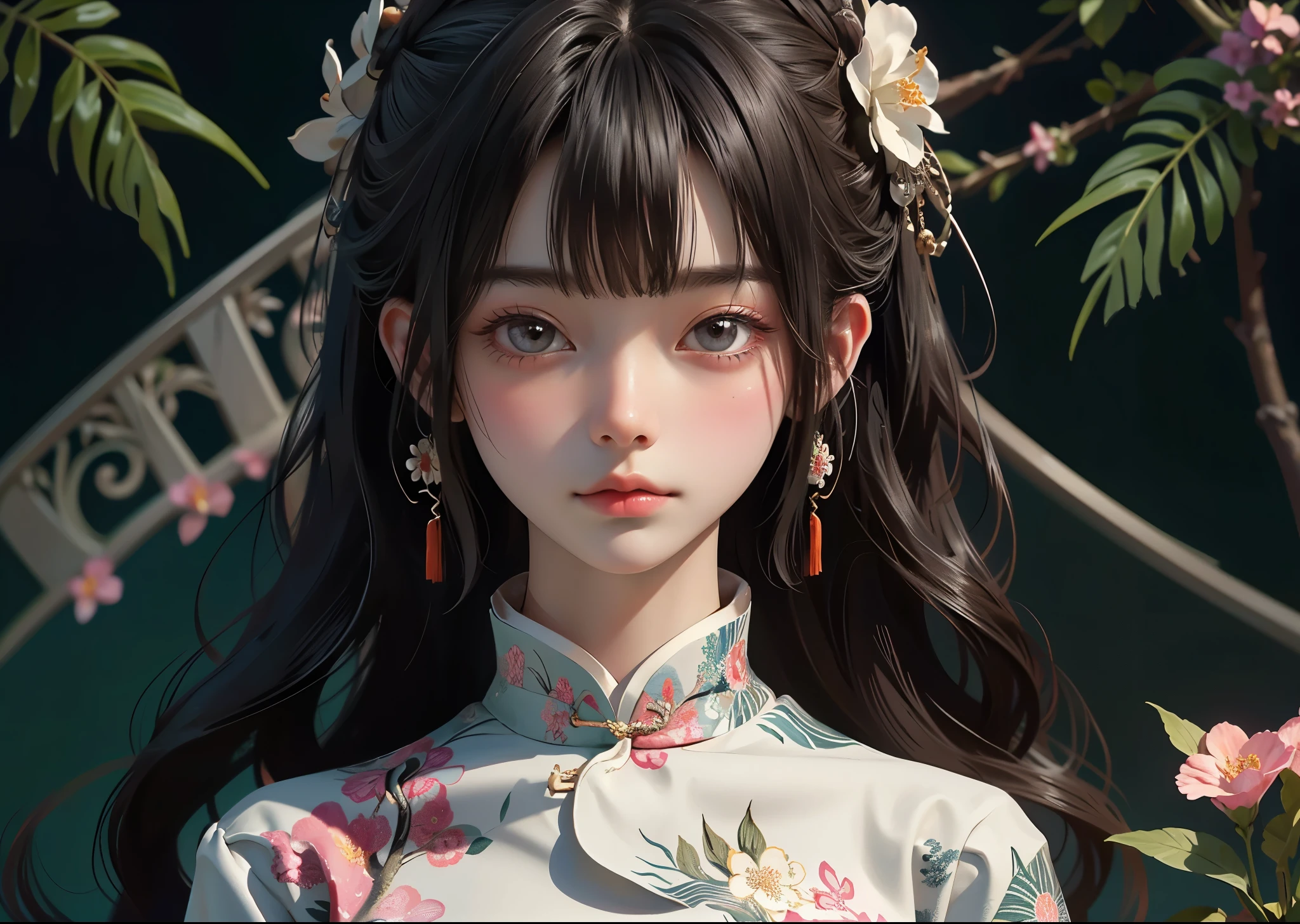 (masterpiece, highest quality, highest quality, Official Art, beautifully、aesthetic:1.2), (1 girl), Big Eyes、Long silver hair with bangs、Very detailed,(Fractal Art:1.3)、Colorful Chinese dress detail、Most detailed, Background with fractals and details of assorted flowers and tropical plants、