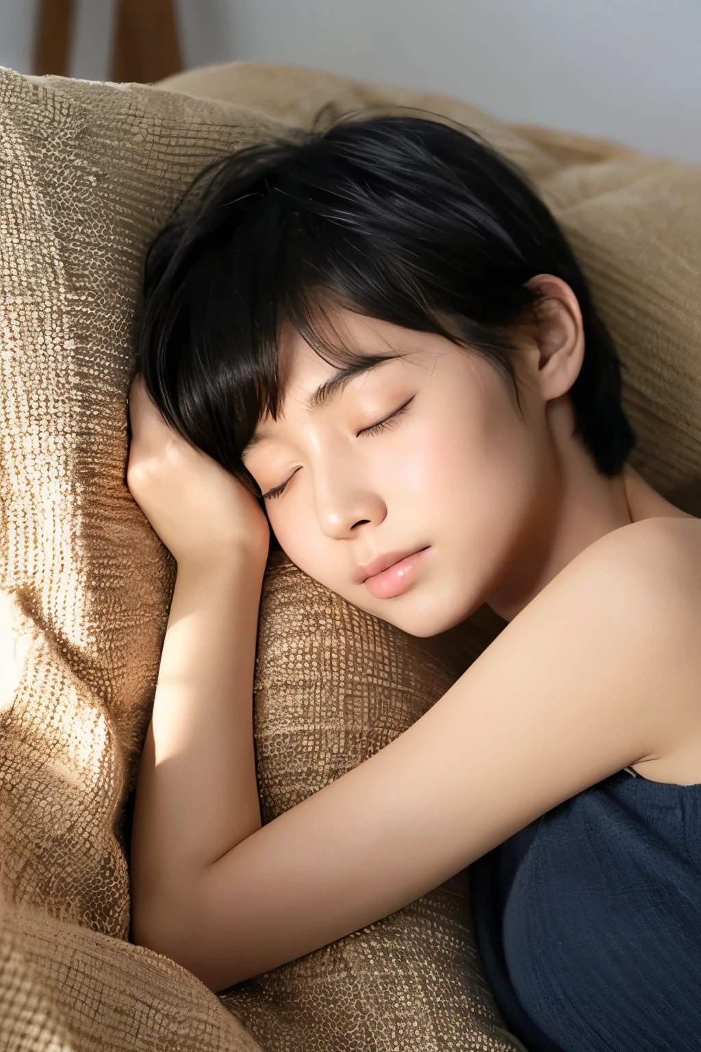 very short blackhair no makeuped asian manish female sleeping