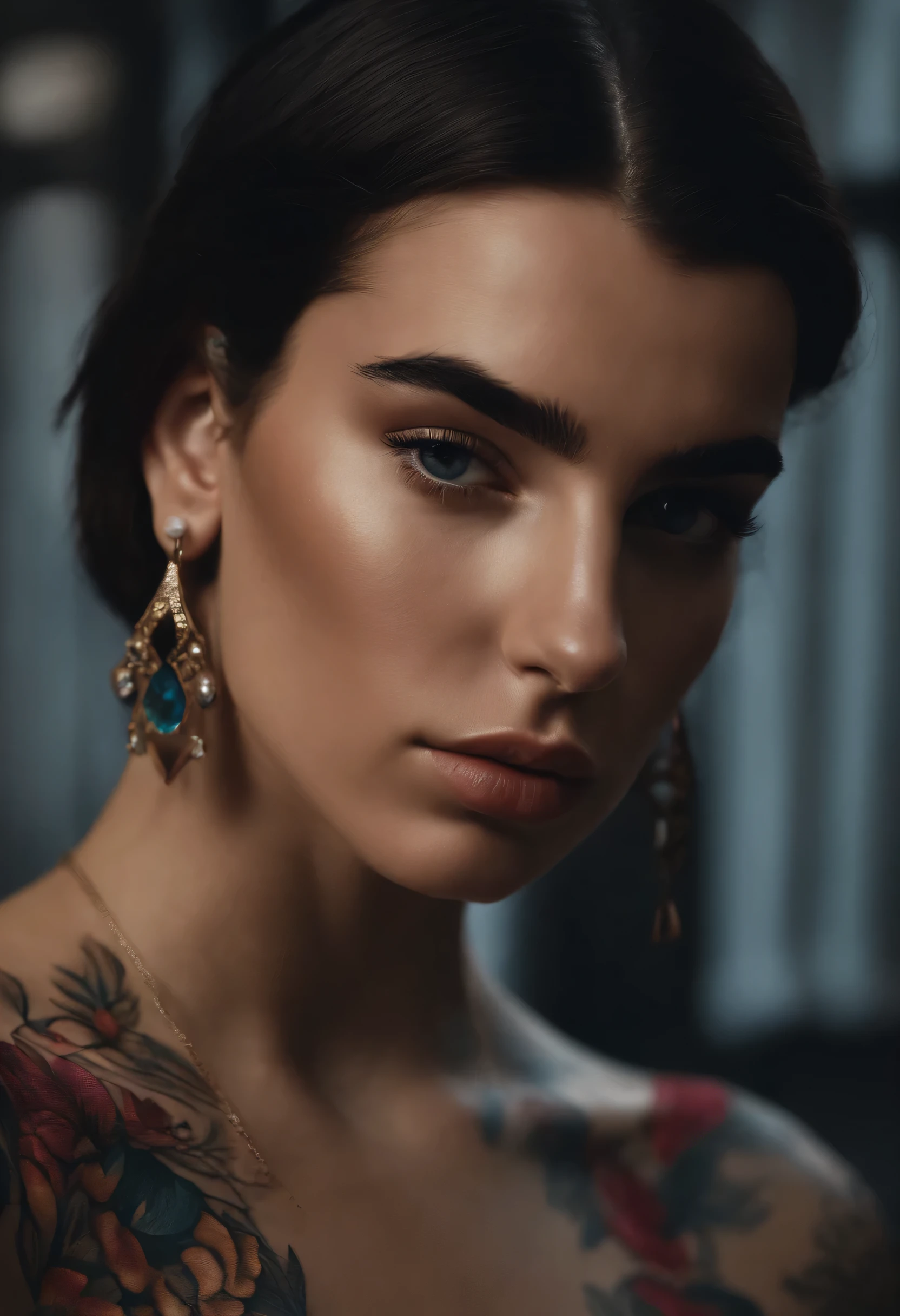 Tattooed girl dua lipa, very beautiful, meurtrier, bel homme, trahison, anger, background dark, 8k, Dynamic wallpaper, very delicate, very dense 