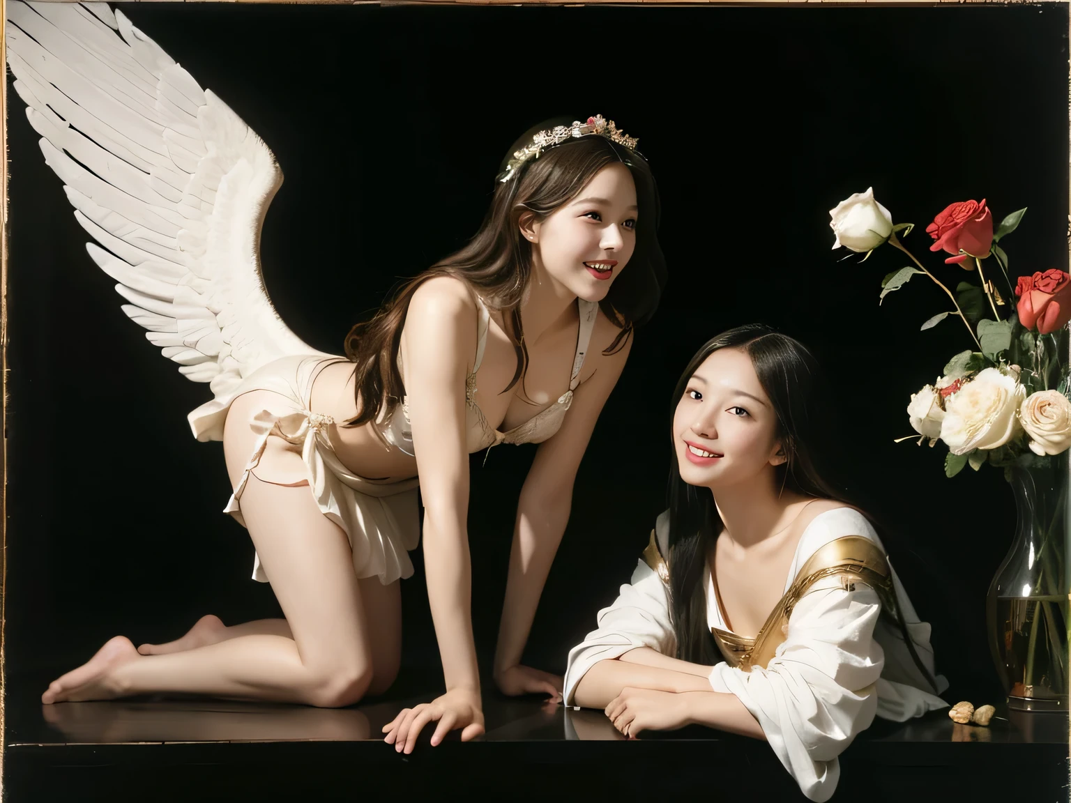 Female angel with two white wing,full body portrait or statue、Sandro Botticelli painting style,Arguments of two female Philosophe,math、astronomical machine、astronaut、roses in vase、fruits、Cute trinkets、smile、ancient greek costume、Ancient Roman landscape in the style of Nicolas Poussin,laughter,,Sweet and seductive appearance.、Caravaggio's paintings、Chiaroscuro of Caravaggio、hair tousled by the wind,Two women frolicking,cute smile, expression of ecstasy,Sexy,erotic