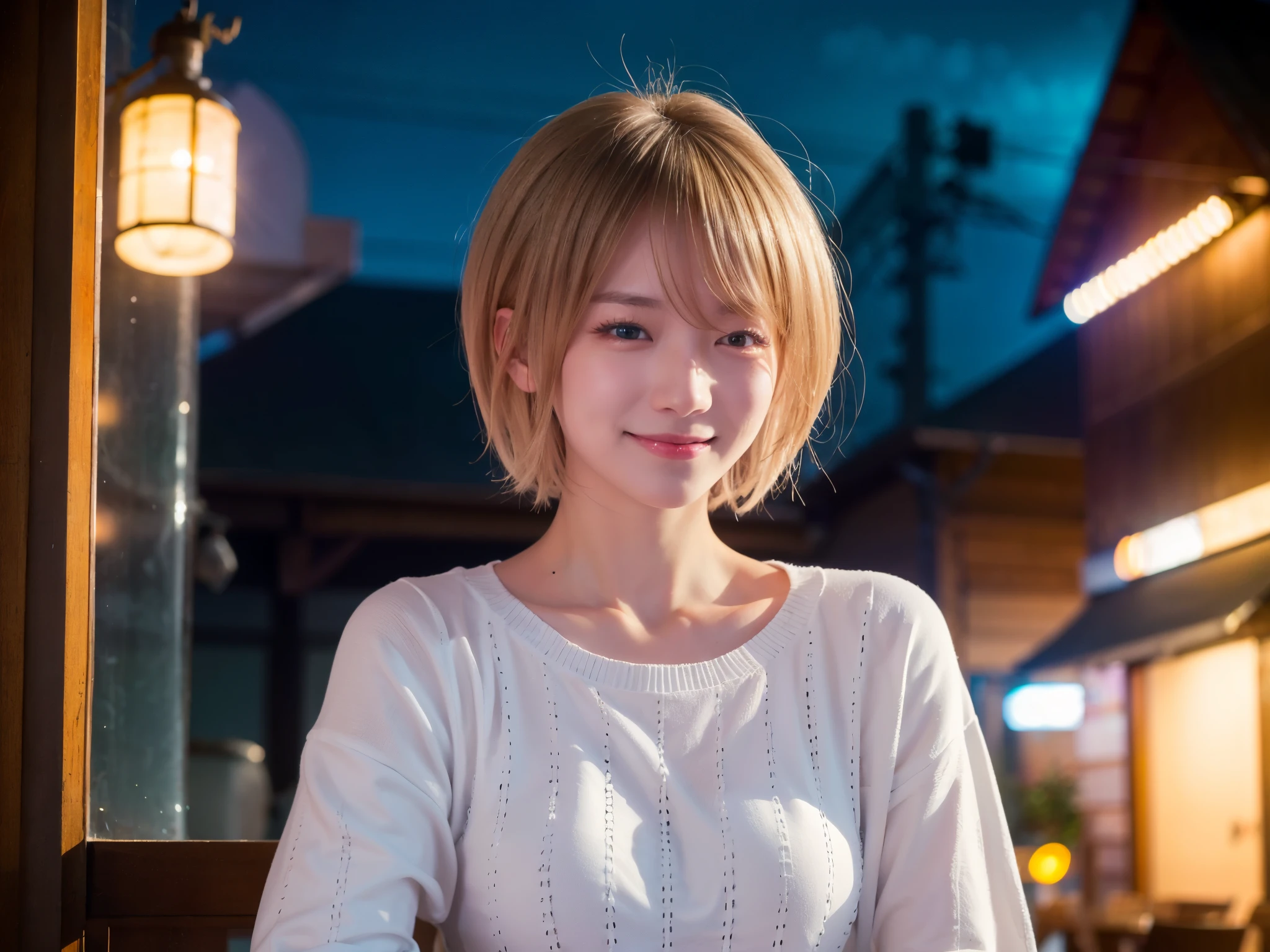 22 year old Japanese woman in casual clothes in the living room、Observe the audience、Pose with a smile(highest quality、masterpiece)))、High resolution、Very detailed、masterpiece、Cinema Lighting、(8k、highest quality、masterpiece:1.2)、(Realistic、Realistic:1.37) High resolution、Very detailed、One Girl 、Asian, cute, cute顔, alone, Blonde Short Hair1.2, Textured skin, Beautiful smile, Beautifully detailed skies, night, Cinema Lighting, Written boundary depth, Lens flare light、Sitting、date、(Blushing your nose)、(Laughter:1.15)、(Mouth closed)Small breasts、A beautiful eye for detail、(sweater:1.1)、night、(Blonde Short Hair:1.2)、Floating Hair Nova Frog Style、