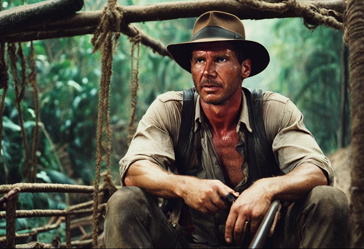 Indianajones Person inside a wagon on a track. jungle background, Sideshow, eerie moody, iconic hat, film grain movie scene.