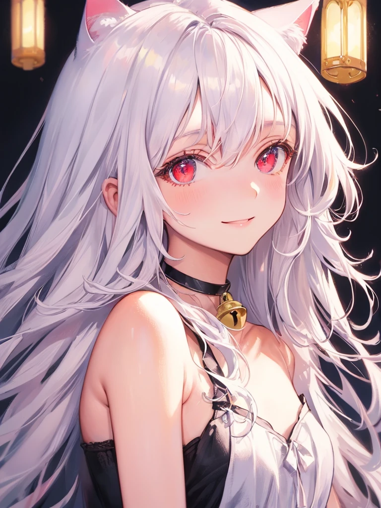 art by Cornflower,(​masterpiece),(top-quality:1.2),((perfect anatomy)),((perfect fingers)),(1 cat ear girl),(flat chest), messy short white Hair, white neat girly fashion,beautiful detailed red eyes,white cat tail,bell choker, the art of dramatic and photorealistic painting, beautiful smile,film lighting,depth of written boundary,create an ethereal atmosphere like a dream,((arms behind back))