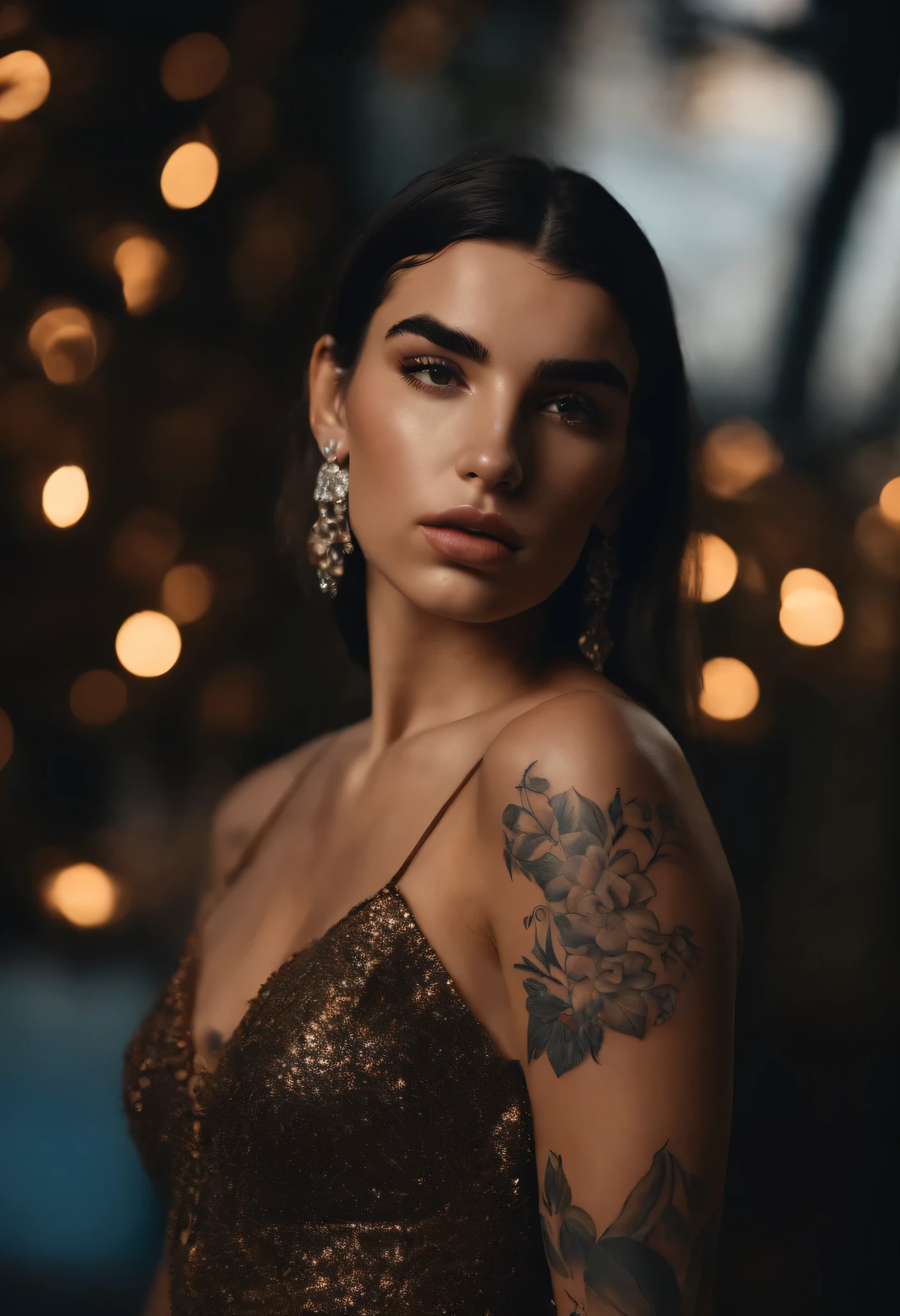 Tattooed girl dua lipa, very beautiful, meurtrier, bel homme, trahison, anger, background dark, 8k, Dynamic wallpaper, very delicate, very dense 