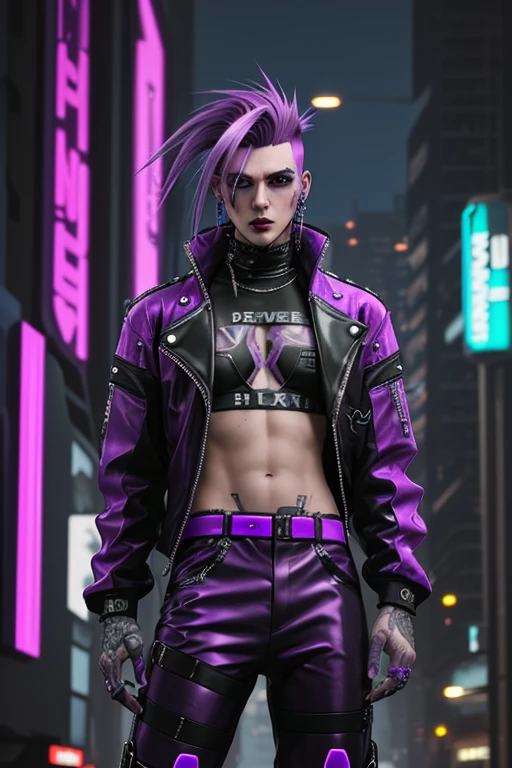 Male cyberpunk, purple hair, latex pants, neon, shaved undercut with mullet, punk