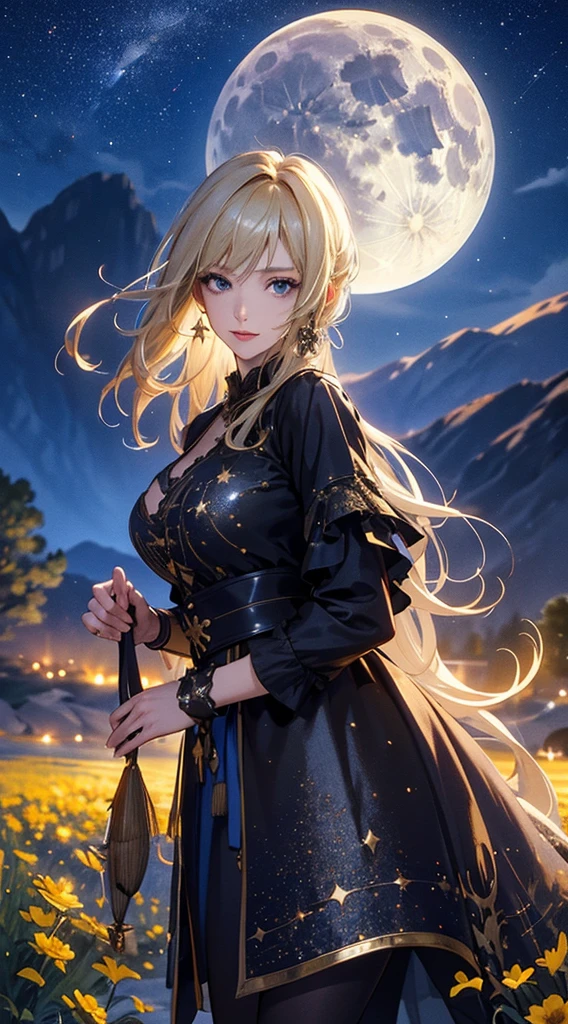 masterpiece, high quality, 4K, Beautiful design, silhouette，blonde， 非常に詳細な夜のStarry Sky,Flower Field， wonderful, Finer details,  Very knowledgeable woman, Highly detailed solo, 1 female,Big Breasts， dress，Night view，Starry Sky，full moon，