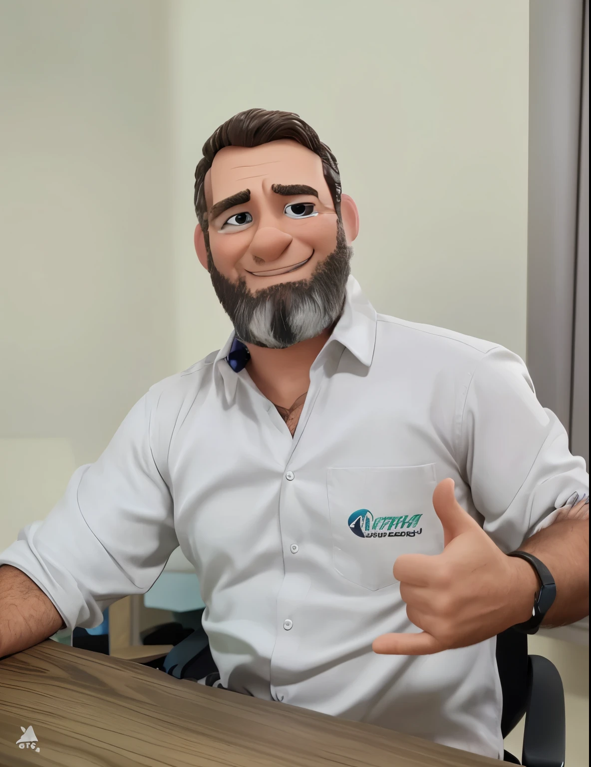 homem sentado na mesa de escritorio estilo disney pixar, alta qualidade, melhor qualidade