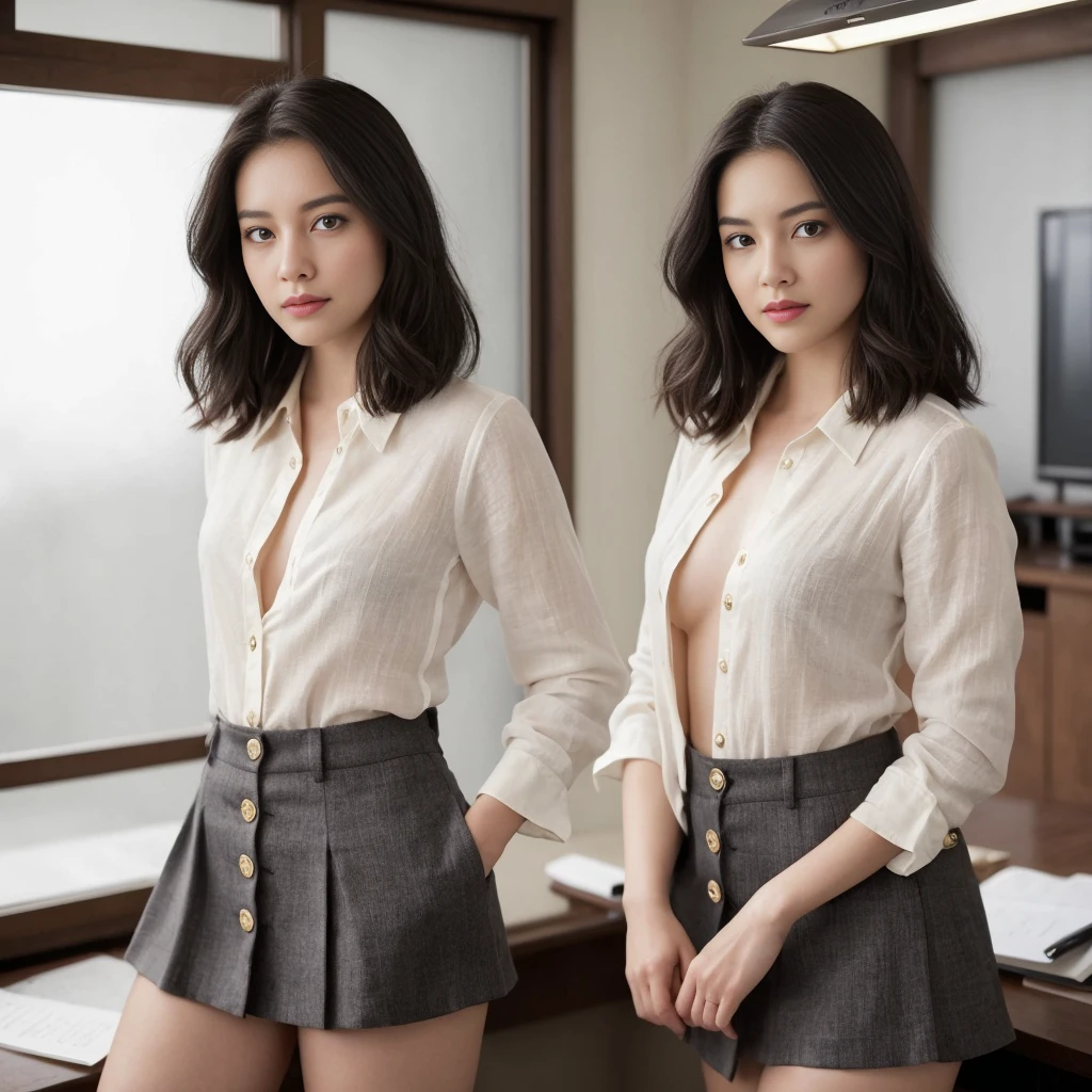 18 years old ((beautiful woman )) writing report in the office of tv station, bob hair, whiteboard, studio lighting, (masterpiece), realistic, (25yr old female), beautiful face, underwears, open buttons, linen mini skirt, nsfw, open chest, open top button, studio lighting, transparent, see through, nsfw, 3 girls. beautiful look, japan european look, beautiful black eyes, perfect anatomy, bob hair, adult princess eyes, 8 life size, 8k resolution, highly detailed, amazing incredibly beautiful 25-something japanese woman , detailed hairstyles art by jean-baptiste monge, arthur rackham, pyle, j.cleyendecker, gurney, tony diterlizzi, peter deseve, bob hair, open all shirt buttons
