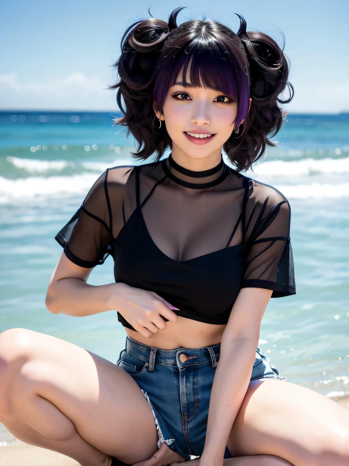 nsfw,1girl, Looking at Viewer, (8k, RAW photo, best quality, masterpiece:1.2), (realistic, photo-realistic:1.4), (extremely detailed 8k wallpaper), sharp focus, depth of field, blur background, bokeh, cinematic lighting, soft light, break,
Sitting with Knees Up on beach, spread legs, Arching the back, (smile:1.3), (shoot from abow:1.5), break,
mamimi tanaka, asymmetrical bangs, blunt bangs, (sagging bangs:1.5), (purple eyes:1.3), (purple hair:1,75), ((twin tails)), Svelte Body, s old, break,
bikini bra, (black Mock Neck short Sleeve Sheer short T-shirt:1.5), (black See Through Short Sleeve Fishnet Sheer short T-shirt:1.5), denim shorts, nail polish, ring, denim pants, break,
on the beach,