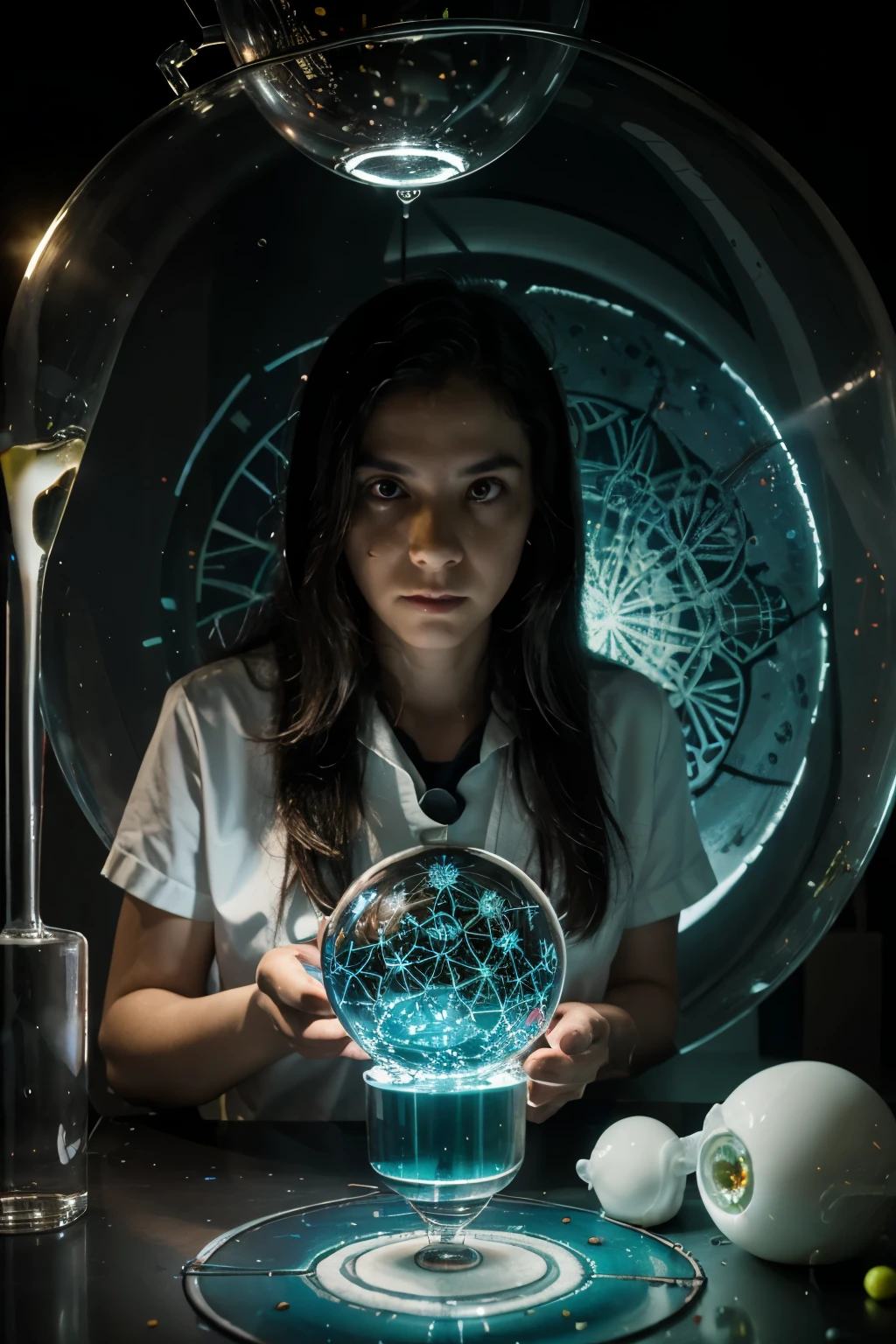 retrofuture laboratory scientist combining liquid squid and eyeballs and glowing marbled chemicals from chemistry glass into flower of life bowl , surreal unexpected alchemical reaction