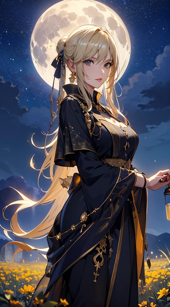 masterpiece, high quality, 4K, Beautiful design, silhouette,blonde, 非常に詳細な夜のStarry Sky,Flower Field, wonderful, Finer details, Very knowledgeable woman, Highly detailed solo, 1 female,Big Breasts, dress,Night view,Starry Sky,full moon,