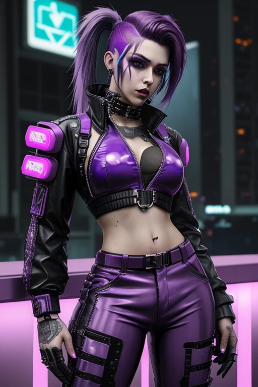 Female cyberpunk, purple hair, latex pants, neon, shaved undercut with mullet, punk