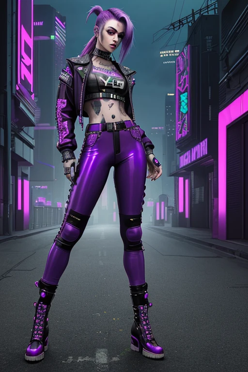 Female cyberpunk, purple hair, latex pants, neon, shaved undercut with mullet, punk
