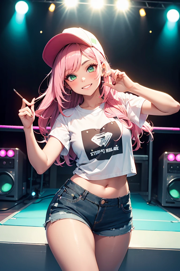 ((1 girl)), Latest Trends in Clothing, Neon Color Fashion, Shorts, Band T-shirts, Trucker Cap, Active, Selfie pose, blush, Open your mouth, Grin, Live Performance Venues, Cowboy Shot,((Very detailed,highest quality, High resolution, 8k wallpaper, Beautiful clothes,)),((Pink Hair, Long Hair,Straight hair,Side Up)) ,(Deep green eyes),eye shadow, eyeliner,Glow Eye, Beautiful Eyes, 18-year-old girl, Five Fingers