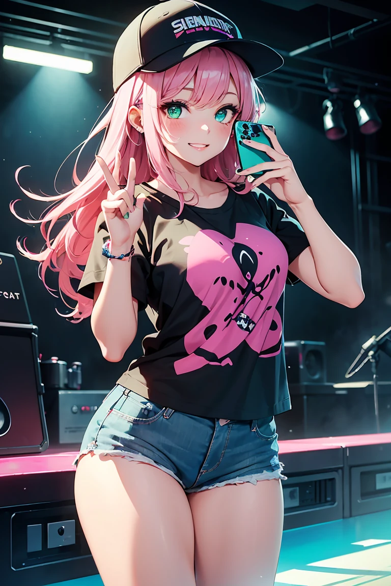 ((1 girl)), Latest Trends in Clothing, Neon Color Fashion, Shorts, Band T-shirts, Trucker Cap, Active, Selfie pose, blush, Open your mouth, Grin, Live Performance Venues, Cowboy Shot,((Very detailed,highest quality, High resolution, 8k wallpaper, Beautiful clothes,)),((Pink Hair, Long Hair,Straight hair,Side Up)) ,(Deep green eyes),eye shadow, eyeliner,Glow Eye, Beautiful Eyes, 18-year-old girl, Five Fingers