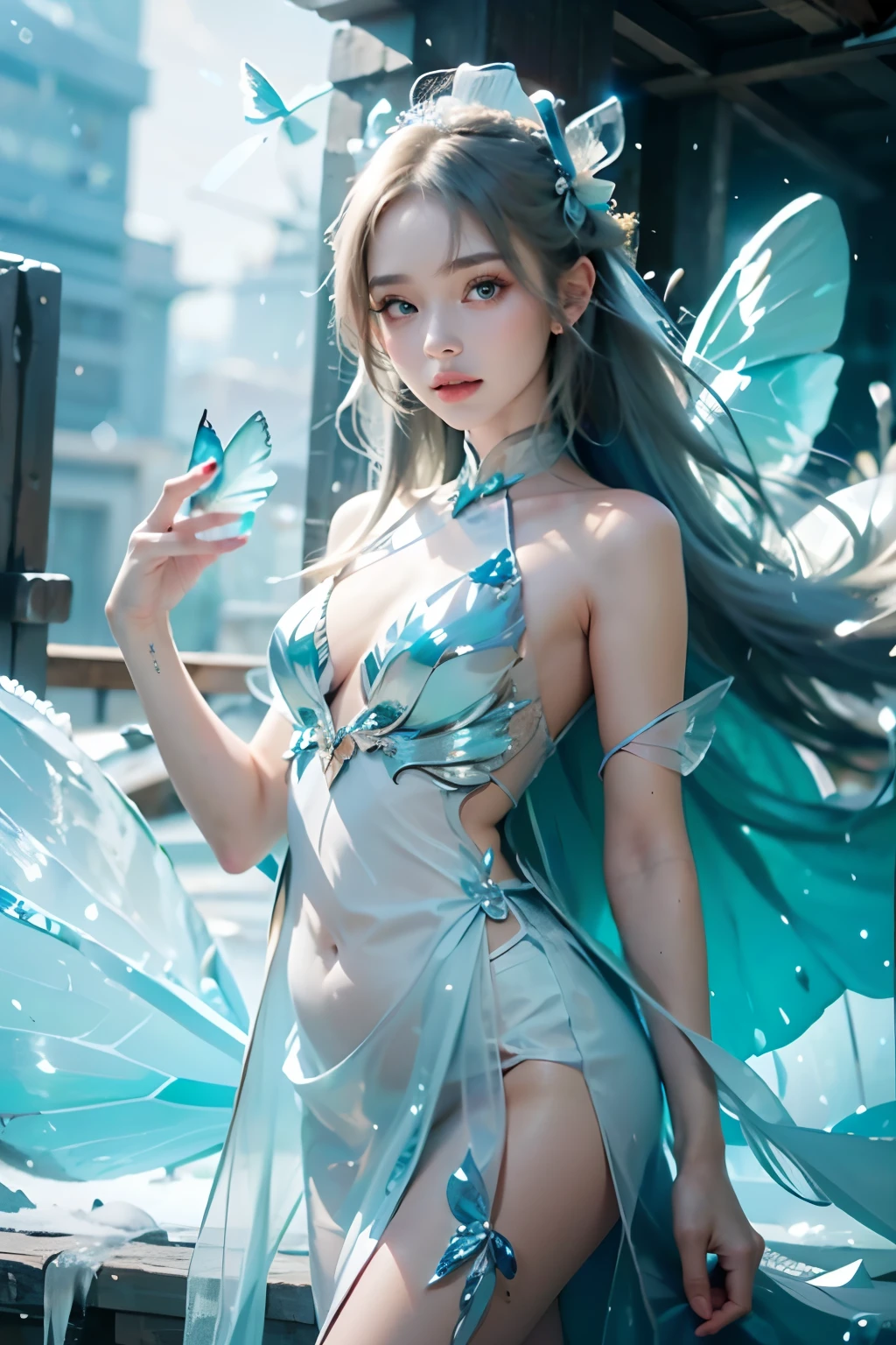 Frost Goddess,Frozen fluid,Ice World,ice,1girl,Translucent clothing,air bubble,blue butterfly,blue eyes,blue nails,tiny breasts,Positive, character on the right, upper body, above knee level,Dynamic pose,bubble,Blue butterfly wings,butterfly wings,crystal,dress,glowing butterfly,long hair,looking at viewer,medium breasts,parted lips,solo,water,Shoulders exposed skin,The belly button and the surrounding area are exposed,Small breasts,Slim figure,Small Ass,Small waist,