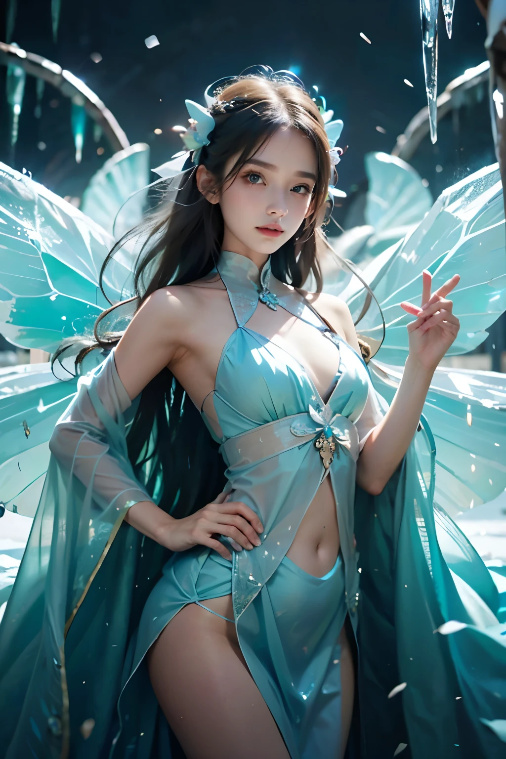 Frost Goddess,Frozen fluid,Ice World,ice,1girl,Translucent clothing,air bubble,blue butterfly,blue eyes,blue nails,tiny breasts,Positive, character on the right, upper body, above knee level,Dynamic pose,bubble,Blue butterfly wings,butterfly wings,crystal,dress,glowing butterfly,long hair,looking at viewer,medium breasts,parted lips,solo,water,Shoulders exposed skin,The belly button and the surrounding area are exposed,Small breasts,Slim figure,Small Ass,Small waist,