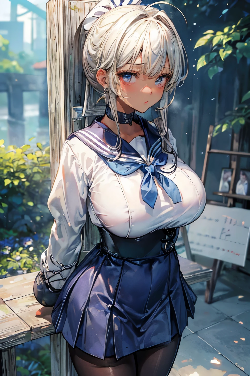 (masterpiece:1.2、highest quality、Tmasterpiece)、1 female、alone、classroom、Day、stand、whole body、Beauty、blonde、ponytail、blue eyes、(Sailor suit:1.4)、(Dark Skin:1.4)、Blake、Big Breasts、Big Butt、Long sleeve、corset、Earrings、lipstick、(pantyhose:1.2)、mini skirt、Very sweaty、choker、blush、Covered breasts、Bangs braids、(Thick lips:1.2)、(standing by wooden pole:1.4)、(Hands tied:1.2)
