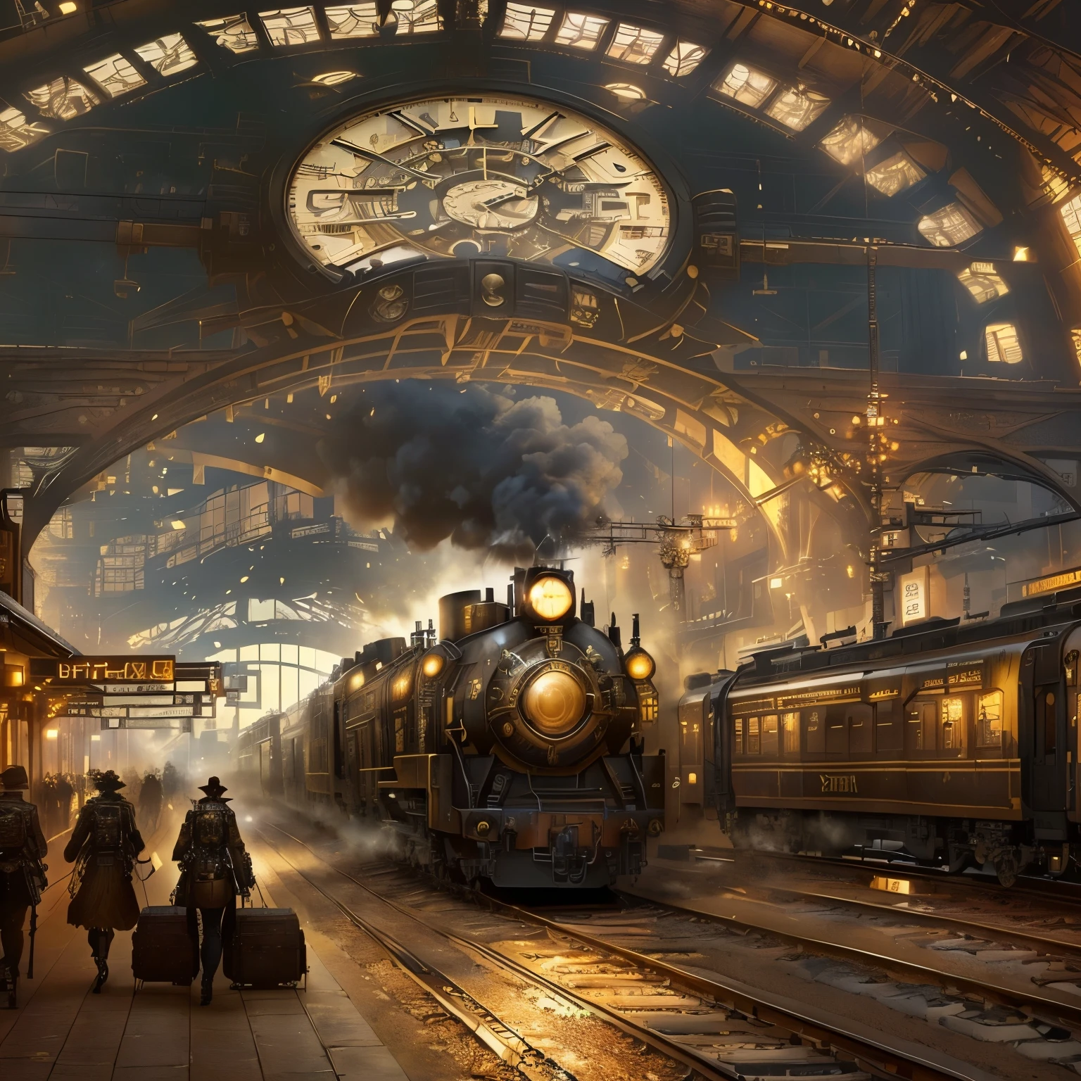 There is a person walking through the station holding a watch., Dieselpunk Station, steampunkの美学, steampunkのコンセプトアート, steampunk デジタルアート, high quality steampunkアート, Magic and Steam - Inspired by punk, digital steampunkアート, steampunkアート, ビクトリア朝のsteampunkな巨大都市, 詳細なsteampunkのイラスト, 黄金のsteampunkな街の雰囲気, Awesome Wallpapers, Highly detailed digital art in 4K, steampunk