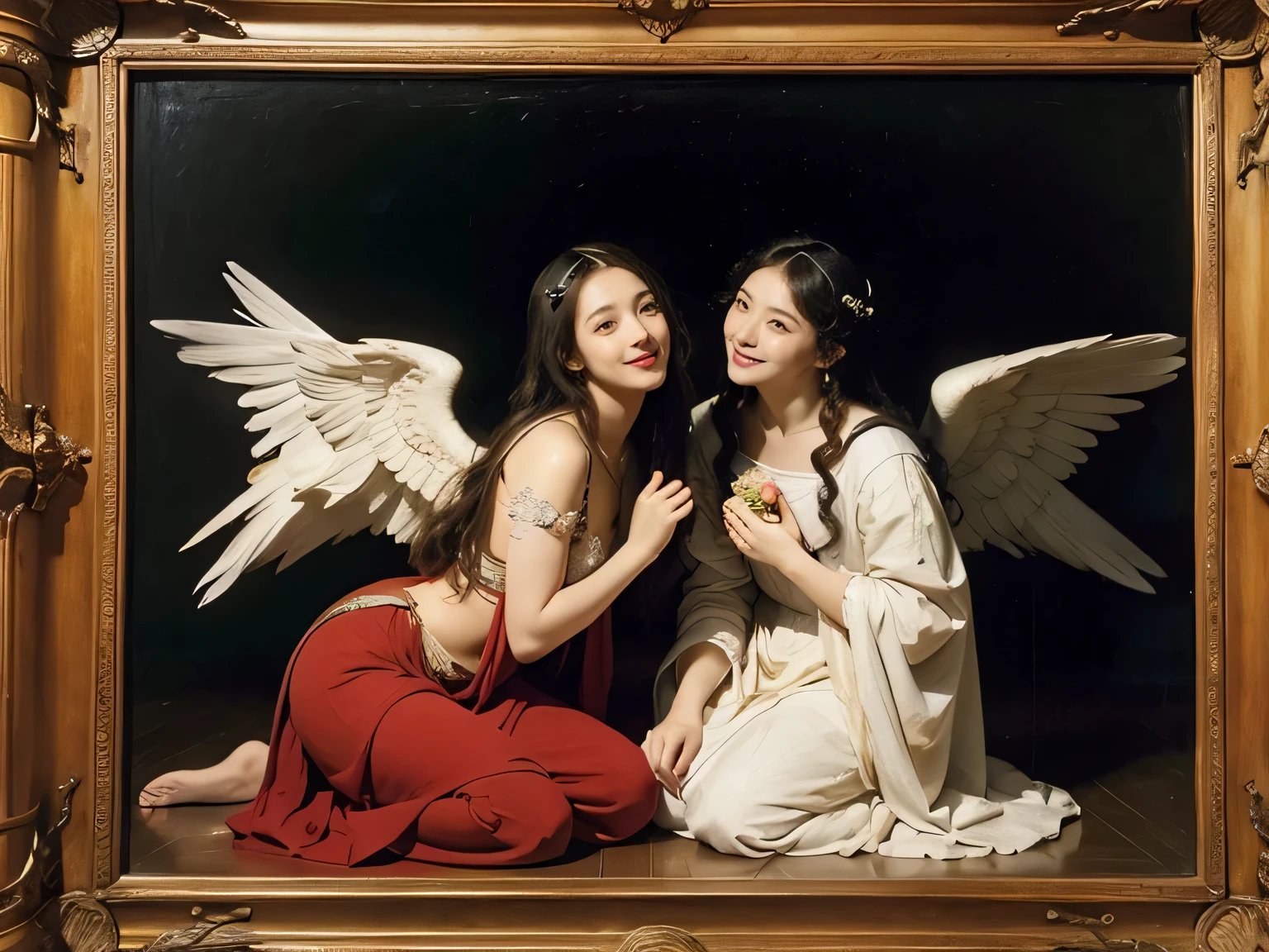 Female angel with two white wing,full body portrait or statue、Sandro Botticelli painting style,Arguments of two female Philosophe,math、astronomical machine、astronaut、roses in vase、fruits、Cute trinkets、smile、ancient greek costume、Ancient Roman landscape in the style of Nicolas Poussin,laughter,,Sweet and seductive appearance.、Caravaggio's paintings、Chiaroscuro of Caravaggio、hair tousled by the wind,Two women frolicking,cute smile, expression of ecstasy,Sexy,erotic