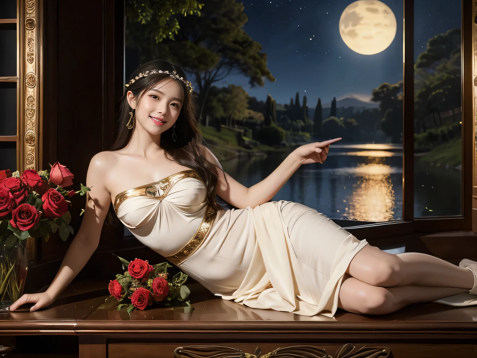 Giorgione painting style,Arguments of two female Philosophe,math、astronomical machine、astronaut、roses in vase、fruits、Cute trinkets、smile、ancient greek costume、Background is a forest lake at night 、Clothes that stretch your shoulders、A big smile、beautiful bare skin、A detailed representation of the seducing woman throughout her body.