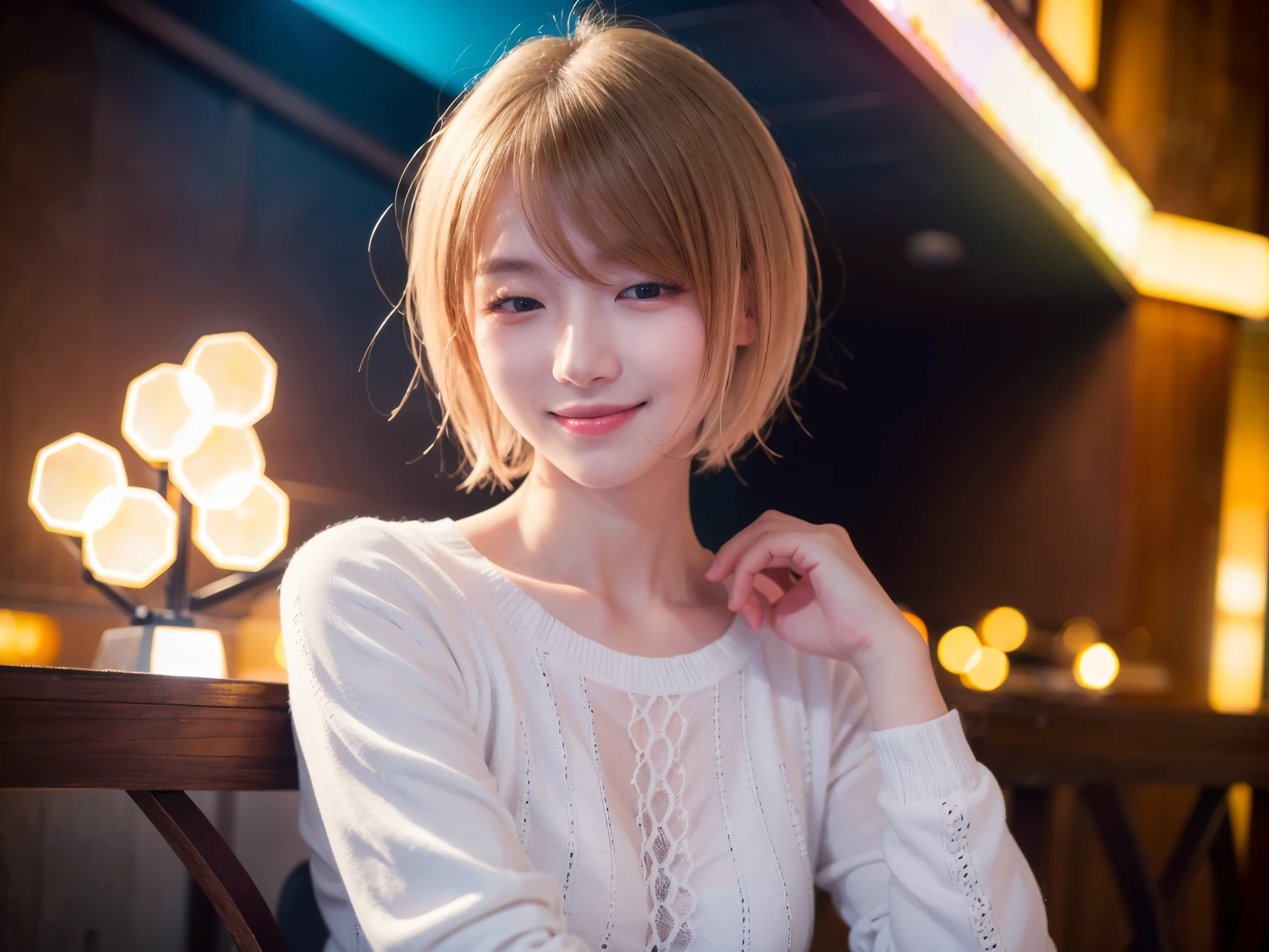 22 year old Japanese woman in casual clothes in the living room、Observe the audience、Pose with a smile(highest quality、masterpiece)))、High resolution、Very detailed、masterpiece、Cinema Lighting、(8k、highest quality、masterpiece:1.2)、(Realistic、Realistic:1.37) High resolution、Very detailed、One Girl 、Asian, cute, cute顔, alone, Blonde Short Hair1.2, Textured skin, Beautiful smile, Beautifully detailed skies, night, Cinema Lighting, Written boundary depth, Lens flare light、Sitting、date、(Blushing your nose)、(Laughter:1.15)、(Mouth closed)Small breasts、A beautiful eye for detail、(sweater:1.1)、night、(Blonde Short Hair:1.2)、Floating Hair Nova Frog Style、