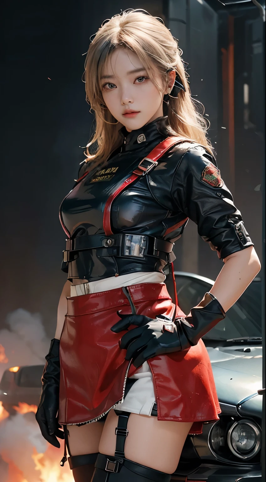 Korean beautiful girl,(Top Quality, Ultra High Definition, Photorealistic:1.4), (cowboy shot:1), 1 Beautiful Armed Girl, (Kpop Idol), Detailed Face, (Hair Style: blonde long hair:1, fullbang, shortbob-style:1), Contrapposto, Perfect Anatomy, ((wearing Futuristic Police Racing Suits, red low-mini-skirt, police wappen, High-tech Headset, military harness, racing gloves, )), (Cloths colors based on silver red black white), (background, crashed cars, fire, (Explosion)),