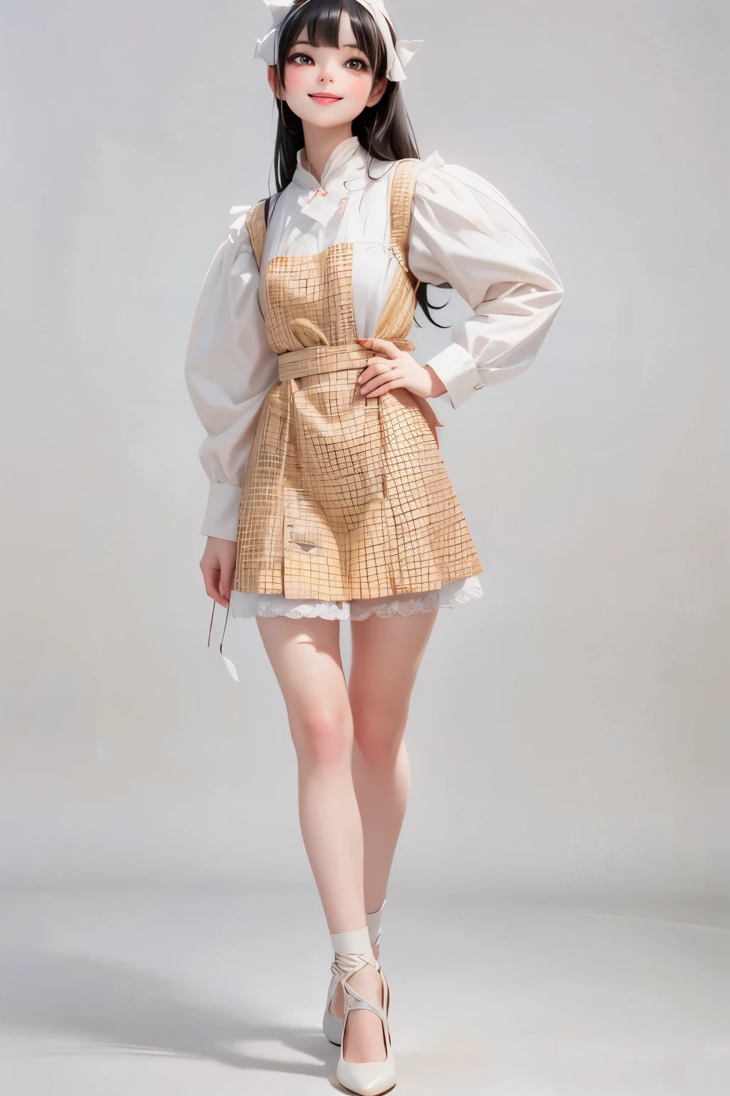 a cute girl smiling, long (black) hair, hairband, (red) shift dress, (white) puffy sleeves shirt, natural color nylons, (white) pumps, posing