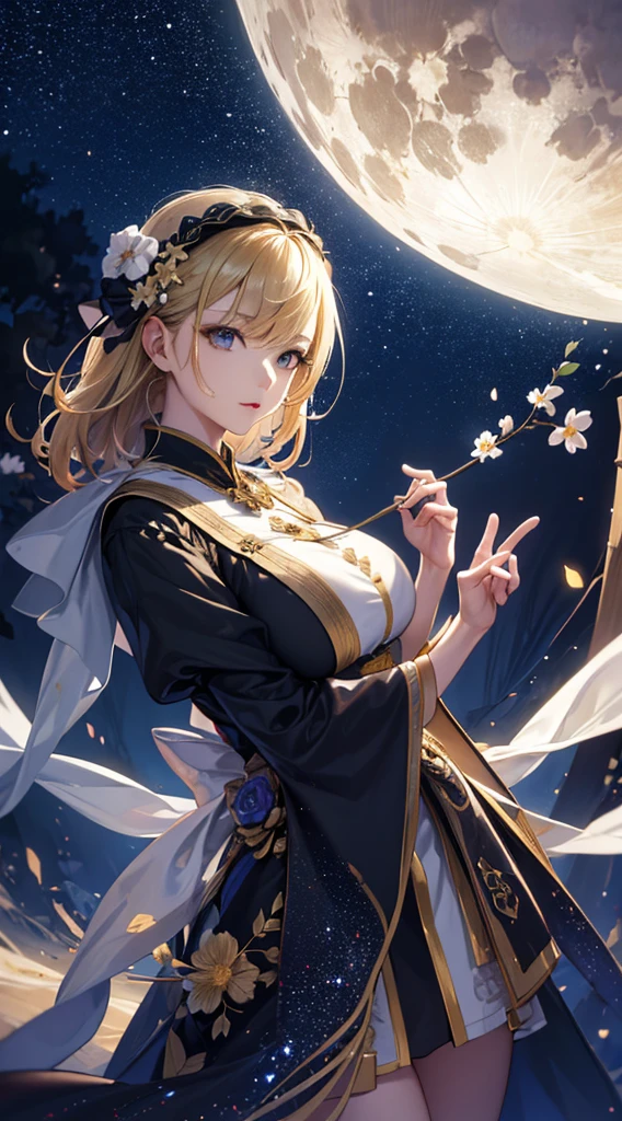 masterpiece, high quality, 4K, Beautiful design, silhouette,blonde, 非常に詳細な夜のStarry Sky,Flower Field, wonderful, Finer details, Very knowledgeable woman, Highly detailed solo, 1 female,Big Breasts,dress,Night view,Starry Sky,full moon,