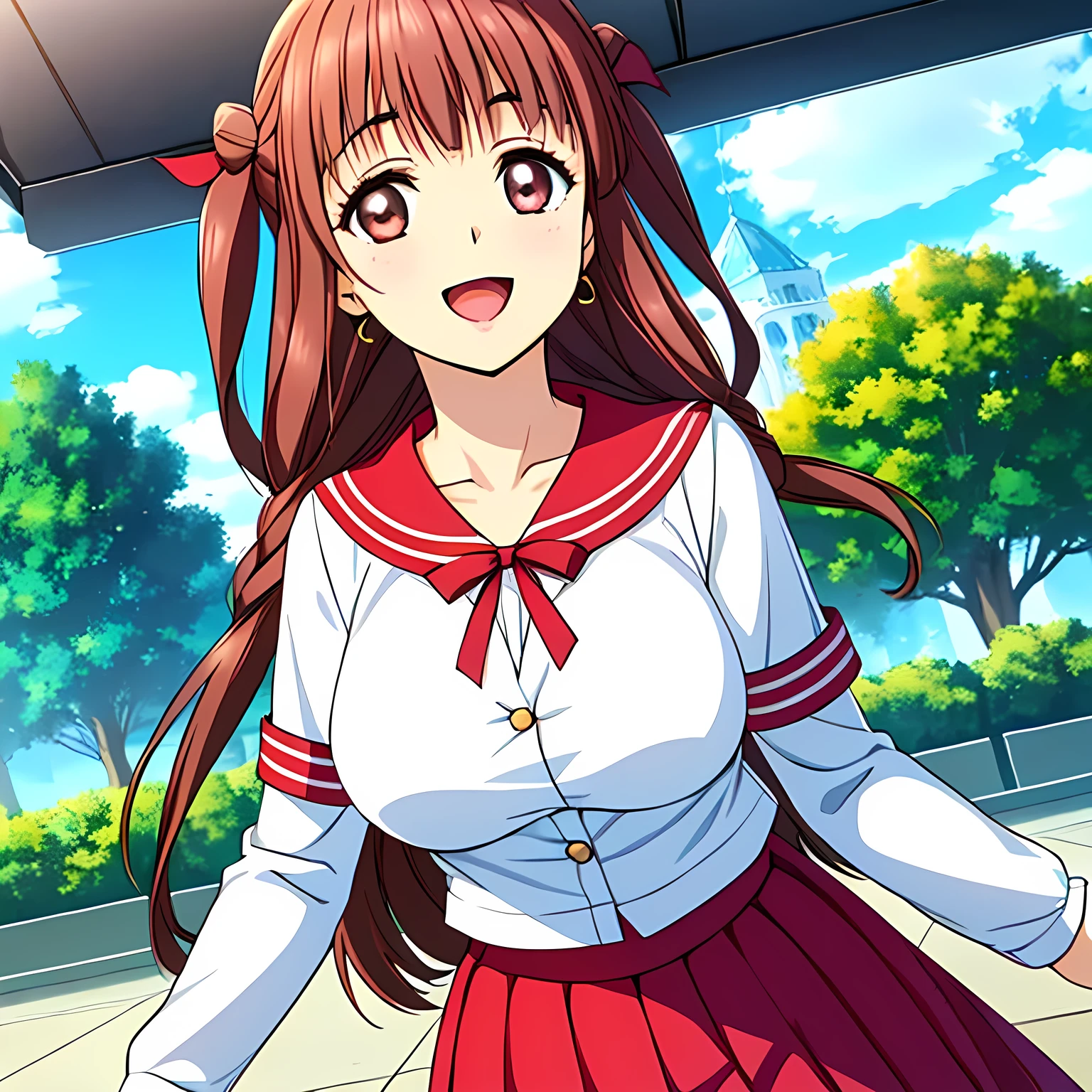 highest quality, (masterpiece:1.2), Very detailed, (((Game CG))), ((((A succubus in the form of a very noble and elegant young lady wearing a pink school sailor uniform.)))), ((The girl everyone loves)), (((Very beautiful, flaxen, wavy, long hair))), ((((((A neat and tidy sailor suit in peach and pink)))))), ((((A neat, deep pink long pleated skirt)))), ((Her eyes are so beautiful and sparkling, they seem so dazzling.)), ((A huge red ribbon on her chest)), ((A refined and elegant look like a noble princess)), (((Beautiful and great smile))), ((Give the viewer a heavenly feeling of happiness)), ((Very noble and elegant face)), ((Slender and shapely breasts)), ((laughing at me)), Heart-shaped gold hair ornament and earrings, ((The elegant, slightly open mouth and glossy lips of an anime heroine))