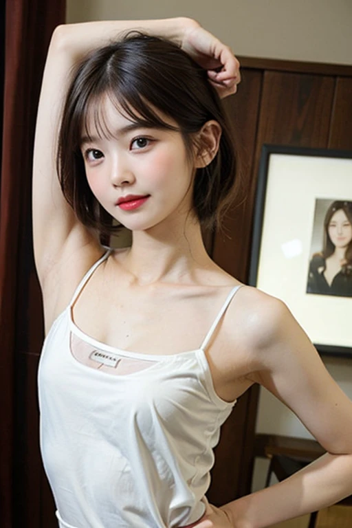 1 girl、Genuine、masterpiece、4K、8k、Japanese、(Princess)、(((とても可愛いface)))、(Brown Hair)、((( body)))、Swimwear、((若く見えるface))face))、((Shiny, oily skin))、thinウエスト、胴bodyが短い、Red lips、穏やかな笑face、(Dynamic pose)、((short hair))、Brown Hair、ponytail、((Beautiful and beautiful eyes))、( ((Under 18)))、((Shiny skin))、((Glossy body))、((thin:1.2))、((thin:1.2))、((small:1.3))、( (Very detailed))、(((Beautiful Skin)))、(((12 years old)))、((smart body:1.4))、((Middle school students and below:1.2)) 、((( and belowの女の子:1.2)))、((Dynamic pose:1.1))、(とてもかわいいface:1.1)、(((Beautiful armpits)))