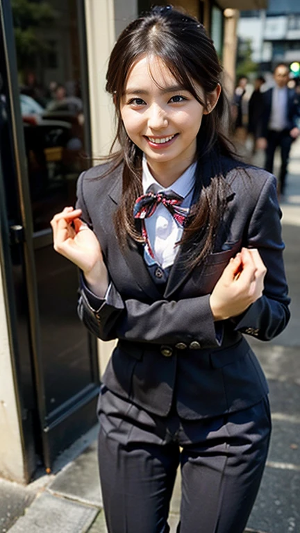 (8k、RAW Photos、highest quality、masterpiece:1.2)、(Realistic、Realistic)、1 girl、((plus size black suit、Red tie、Massage the breasts、pants suit、Point your knees outwards、Push the pelvis forward、Oversized Suits、女性が自分のGrab your chest、boyish、Tomboy、Public indecency、Bend your knees、 sexy suit、Mind Suit、Large Suit、Forester 、Grab your chest、 Spread your legs、Bow legs、Groping the breasts、wide stride、Spread your legs、smile、sexy、I can see your chest、View from the front、Stand with hands on hips、In the city))、