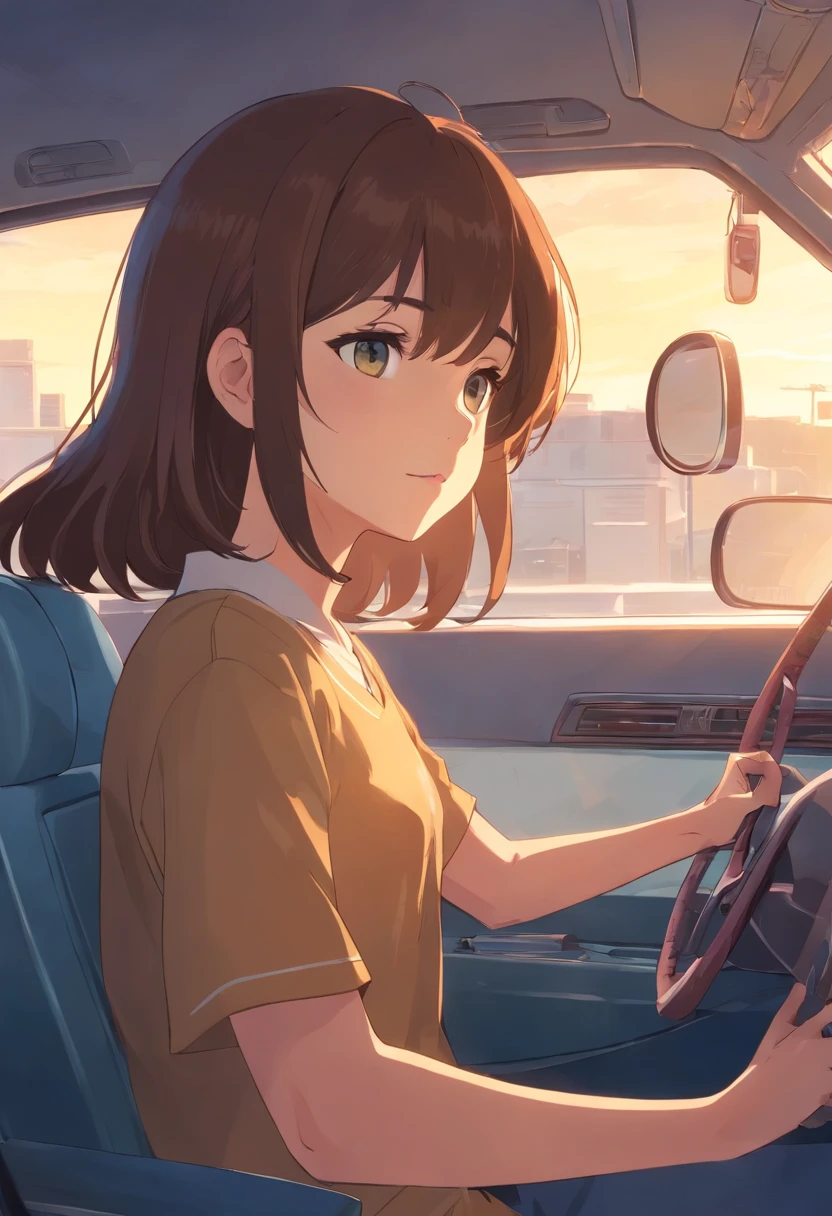 The woman in her 30s in the car was driving intently, Super detailed images of the interior of the car, Manga style, Full-HD